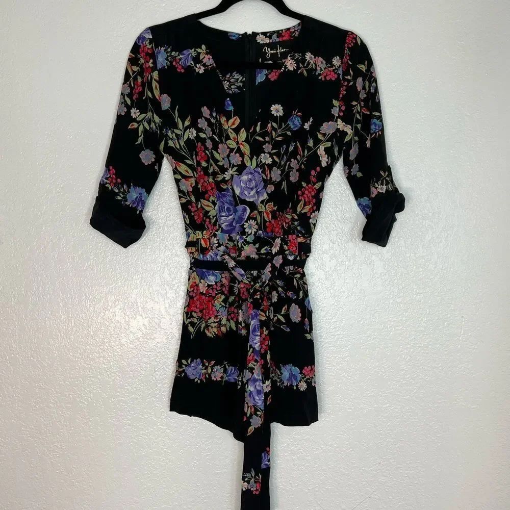 Yumi Kim black silk floral shorts jumpsuit romper XS